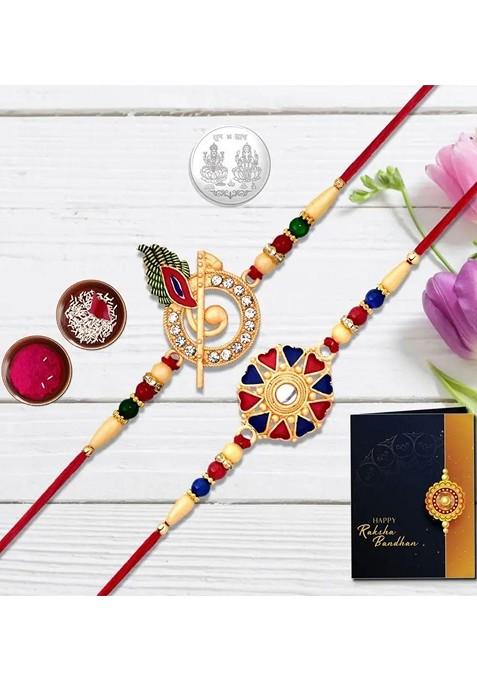 2 Piece Beaded Rakhi And Greeting Card With Roli Chawal And Silver Toned Coin Gift Set
