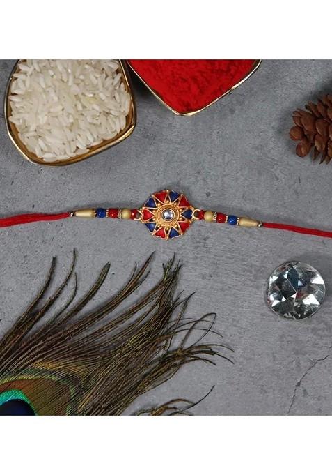 2 Piece Beaded Rakhi And Greeting Card With Roli Chawal And Silver Toned Coin Gift Set