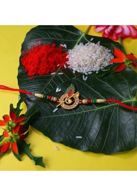 2 Piece Beaded Rakhi And Greeting Card With Roli Chawal And Silver Toned Coin Gift Set