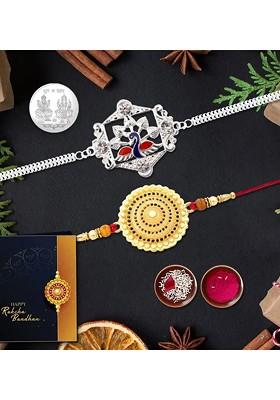 Gold And Silver Toned Rakhi Roli Chawal Greeting Card And Coin Gift Set