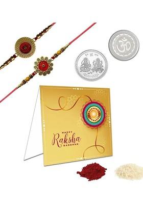 Rakhi Gift Set With Roli Chawal Greeting Card And Coin
