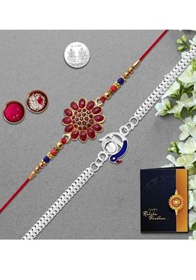 Red And Gold Toned Rakhi Roli Chawal Greeting Card And Coin Gift Set