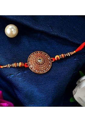 Red And Gold Toned Rakhi Roli Chawal Greeting Card And Coin Gift Set