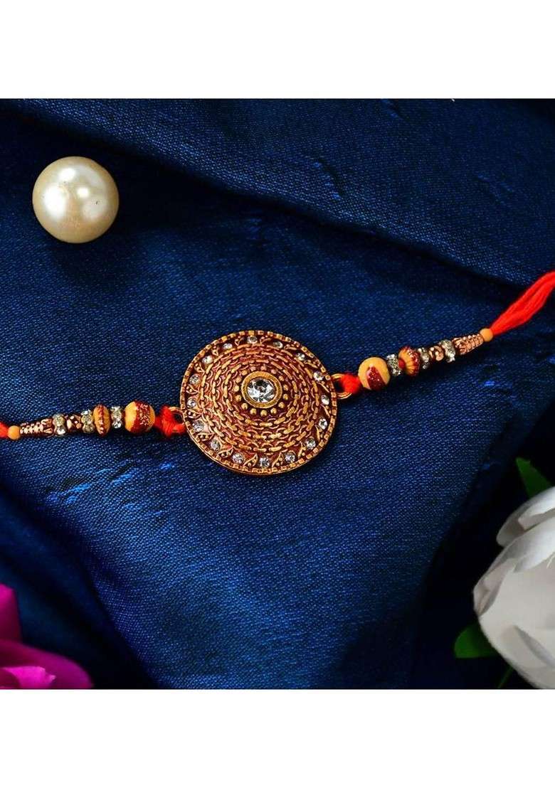 Red And Gold Toned Rakhi Roli Chawal Greeting Card And Coin Gift Set - Indya
