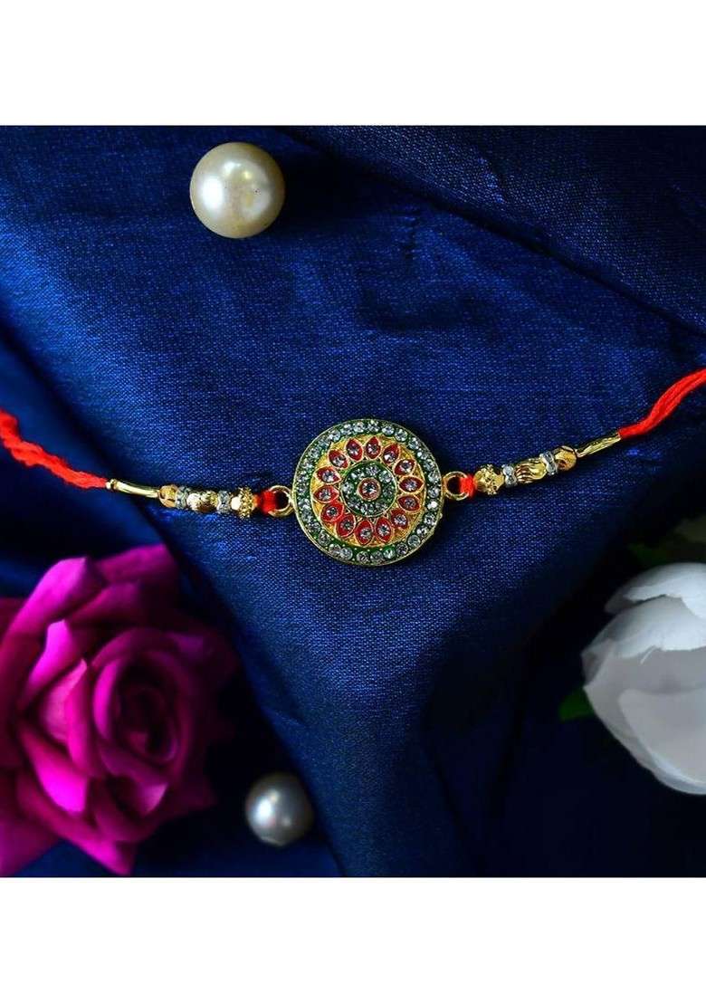 Red And Gold Toned Rakhi Roli Chawal Greeting Card And Coin Gift Set - Indya