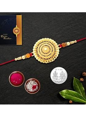 Red And Gold Toned Rakhi Roli Chawal Greeting Card And Coin Gift Set