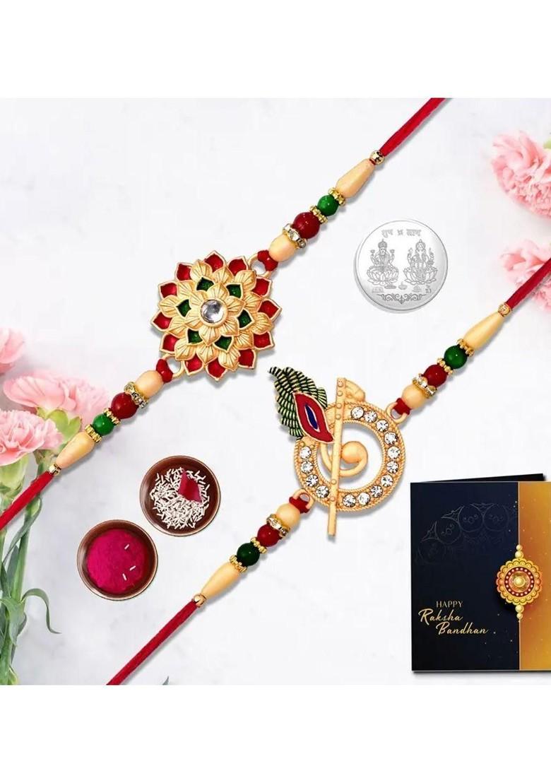 2 Piece Beaded Rakhi And Greeting Card With Roli Chawal And Silver Toned Coin Gift Set