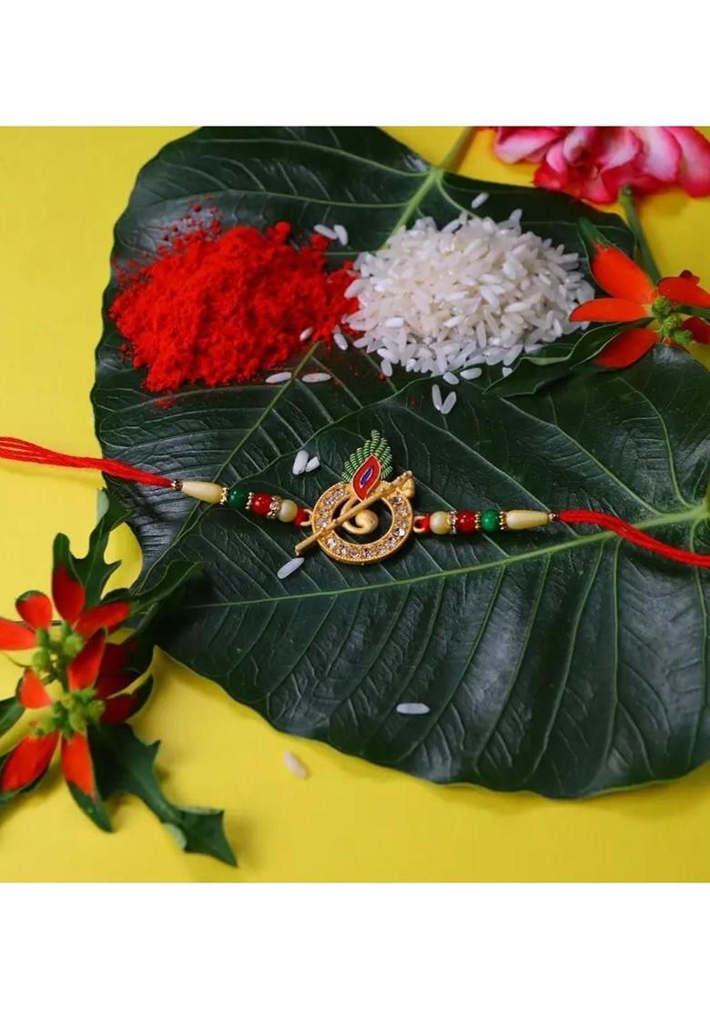 2 Piece Beaded Rakhi And Greeting Card With Roli Chawal And Silver Toned Coin Gift Set - Indya