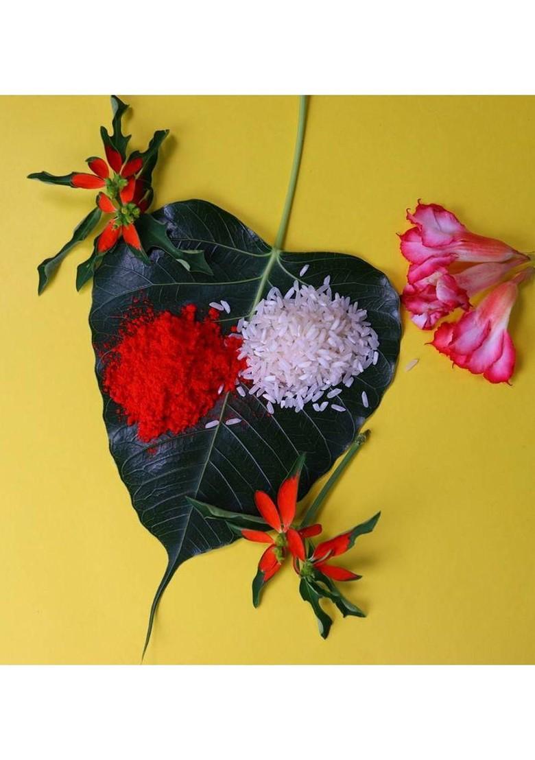 2 Piece Beaded Rakhi And Greeting Card With Roli Chawal And Silver Toned Coin Gift Set