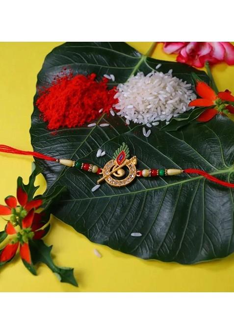 2 Piece Beaded Rakhi And Greeting Card With Roli Chawal And Silver Toned Coin Gift Set