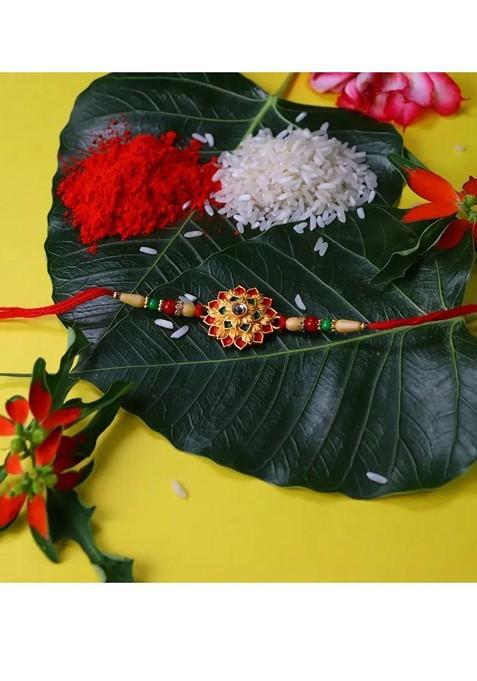 2 Piece Beaded Rakhi And Greeting Card With Roli Chawal And Silver Toned Coin Gift Set