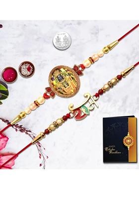 Red And Gold Toned Rakhi Roli Chawal Greeting Card And Coin Gift Set