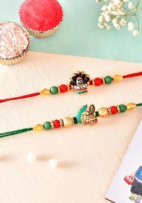 Set Of 2 Beaded Rakhi With Greeting Card And Roli Chawal Gift Set