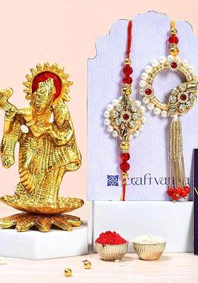 5 Pcs Radha Krishna Showpiece With Greeting Card And Roli Chawal Rakhi Gift Set
