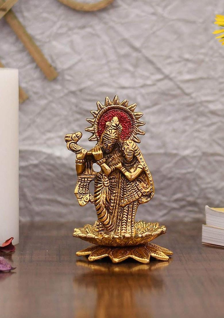 5 Pcs Radha Krishna Showpiece With Greeting Card And Roli Chawal Rakhi Gift Set
