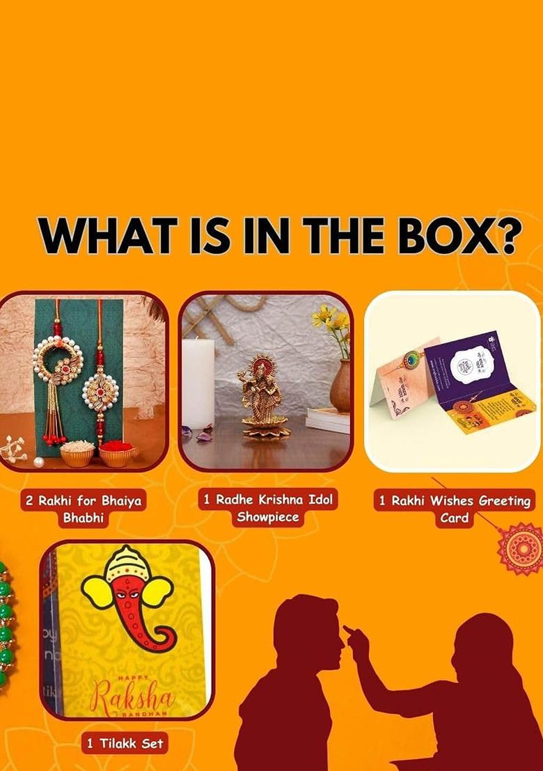 5 Pcs Radha Krishna Showpiece With Greeting Card And Roli Chawal Rakhi Gift Set