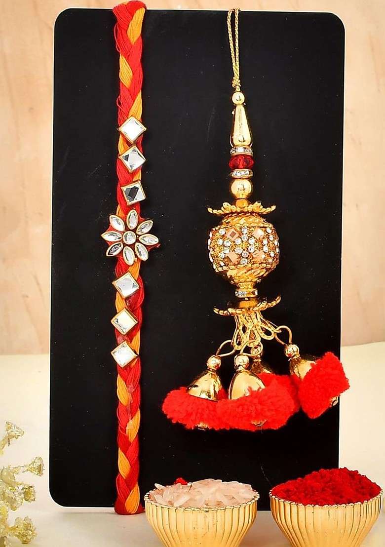 5 Pcs Lord Ganesh Showpiece With Greeting Card And Roli Chawal Rakhi Gift Set - Indya