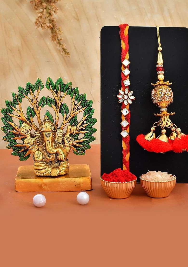 5 Pcs Lord Ganesh Showpiece With Greeting Card And Roli Chawal Rakhi Gift Set - Indya