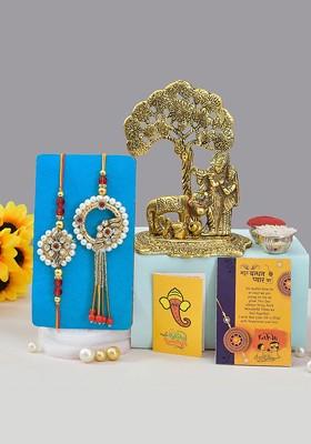5 Pcs Radha Krishna With Greeting Card And Roli Chawal Rakhi Gift Set