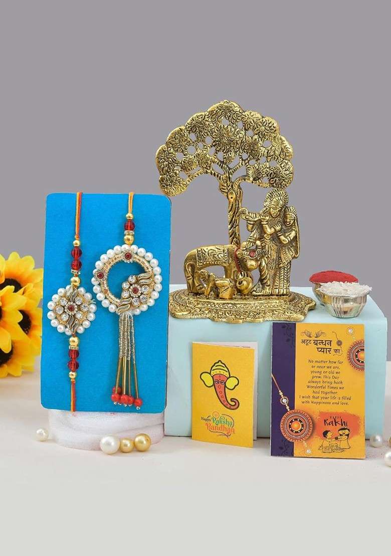5 Pcs Radha Krishna With Greeting Card And Roli Chawal Rakhi Gift Set - Indya