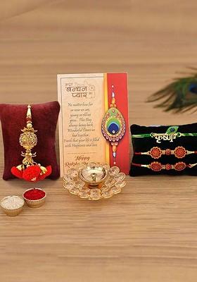 7 Pcs Crystal Diya With Greeting Card And Roli Chawal Rakhi Gift Set
