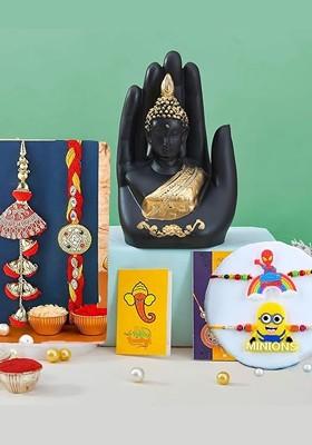 5 Pcs Buddha Showpiece With Greeting Card And Roli Chawal Rakhi Gift Set