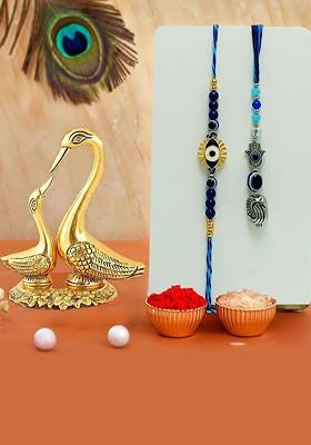 5 Pcs Swan Showpiece With Greeting Card And Roli Chawal Rakhi Gift Set
