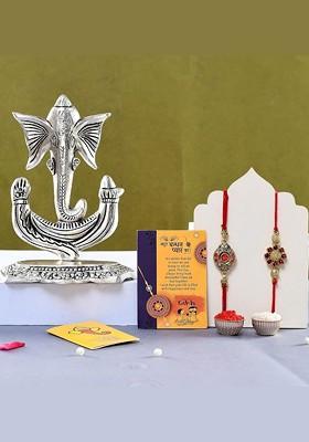 5 Pcs Lord Ganesh Showpiece With Greeting Card And Roli Chawal Rakhi Gift Set