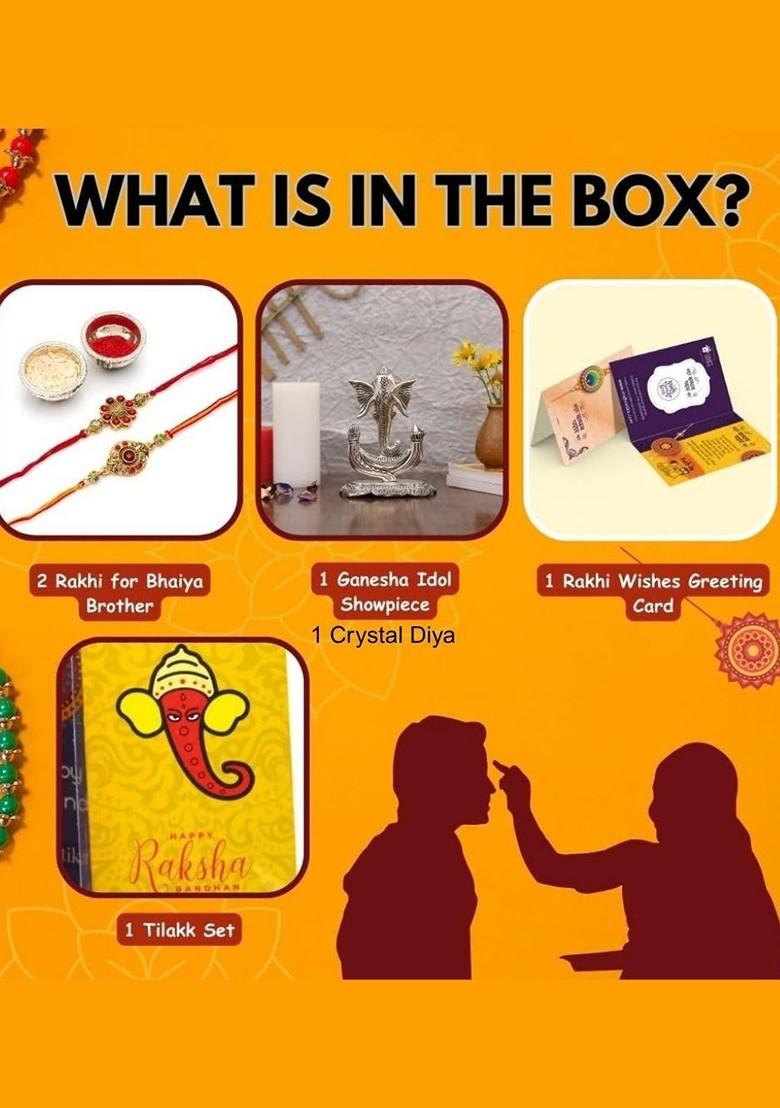 5 Pcs Lord Ganesh Showpiece With Greeting Card And Roli Chawal Rakhi Gift Set - Indya