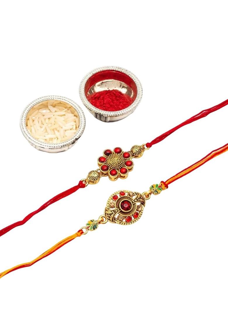 5 Pcs Lord Ganesh Showpiece With Greeting Card And Roli Chawal Rakhi Gift Set - Indya