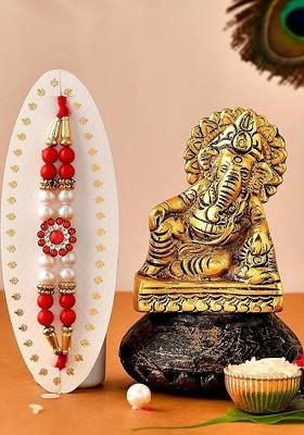 4 Pcs Lord Ganesh With Greeting Card And Roli Chawal Rakhi Gift Set