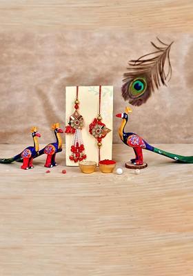 5 Pcs Peacock Showpiece With Greeting Card And Roli Chawal Rakhi Gift Set
