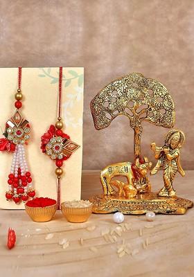5 Pcs Lord Krishan Showpiece With Greeting Card And Roli Chawal Rakhi Gift Set