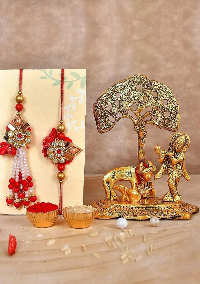 5 Pcs Lord Krishan Showpiece With Greeting Card And Roli Chawal Rakhi Gift Set - Indya