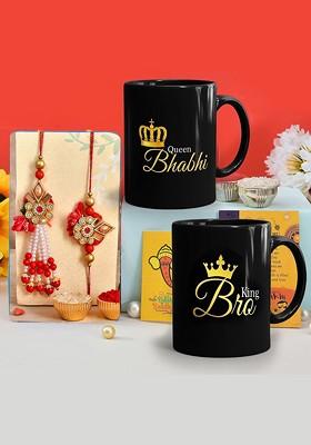 6 Pcs Mugs With Greeting Card And Roli Chawal Rakhi Gift Set