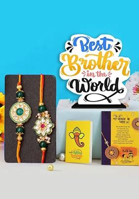 5 Pcs Wooded Showpiece With Greeting Card And Roli Chawal Rakhi Gift Set