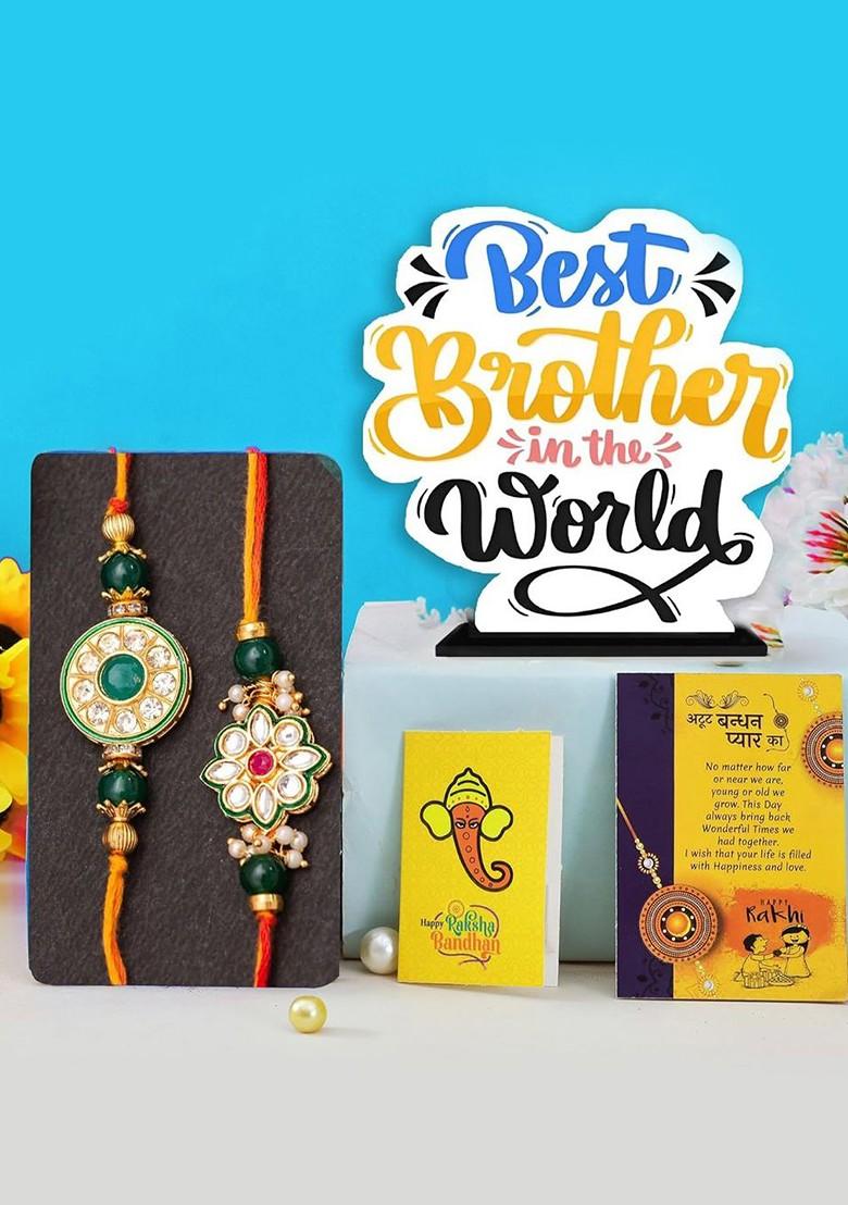 5 Pcs Wooded Showpiece With Greeting Card And Roli Chawal Rakhi Gift Set - Indya