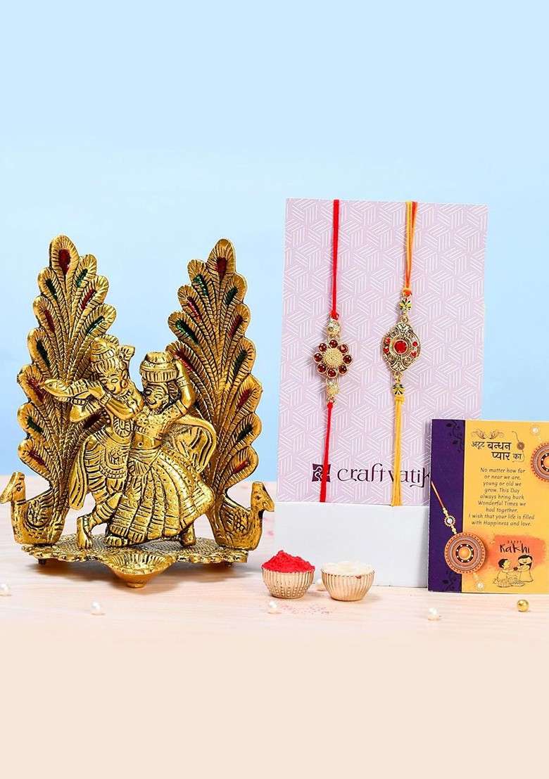 5 Pcs Radha Krishna With Greeting Card And Roli Chawal Rakhi Gift Set - Indya