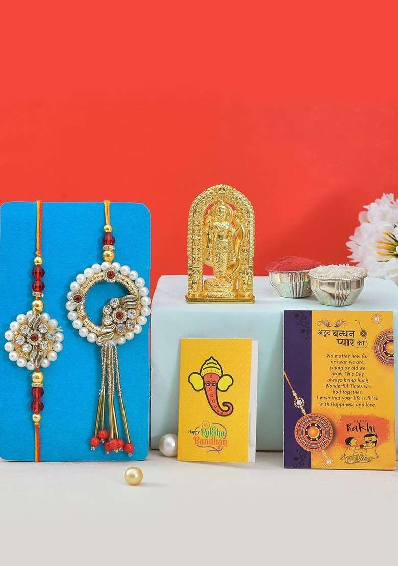 5 Pcs Ram Lalla With Greeting Card And Roli Chawal Rakhi Gift Set - Indya