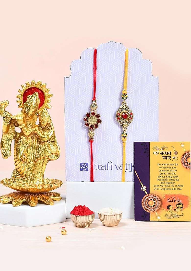 5 Pcs Radha Krishna With Greeting Card And Roli Chawal Rakhi Gift Set - Indya