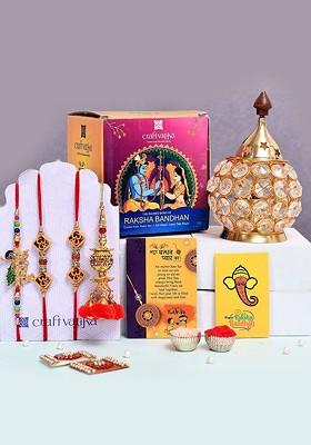 7 Pcs Rakhi With Showpiece And Tilak With Greetingcard