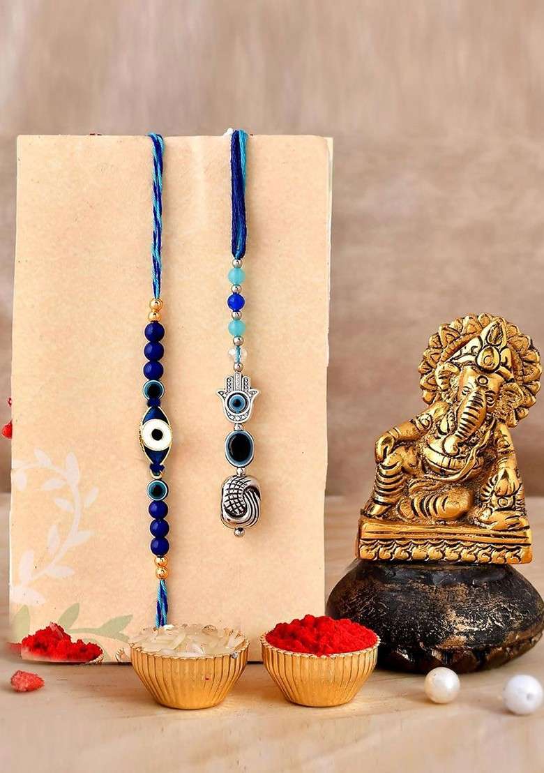 5 Pcs Lord Ganesg Showpiece With Greeting Card And Roli Chawal Rakhi Gift Set - Indya