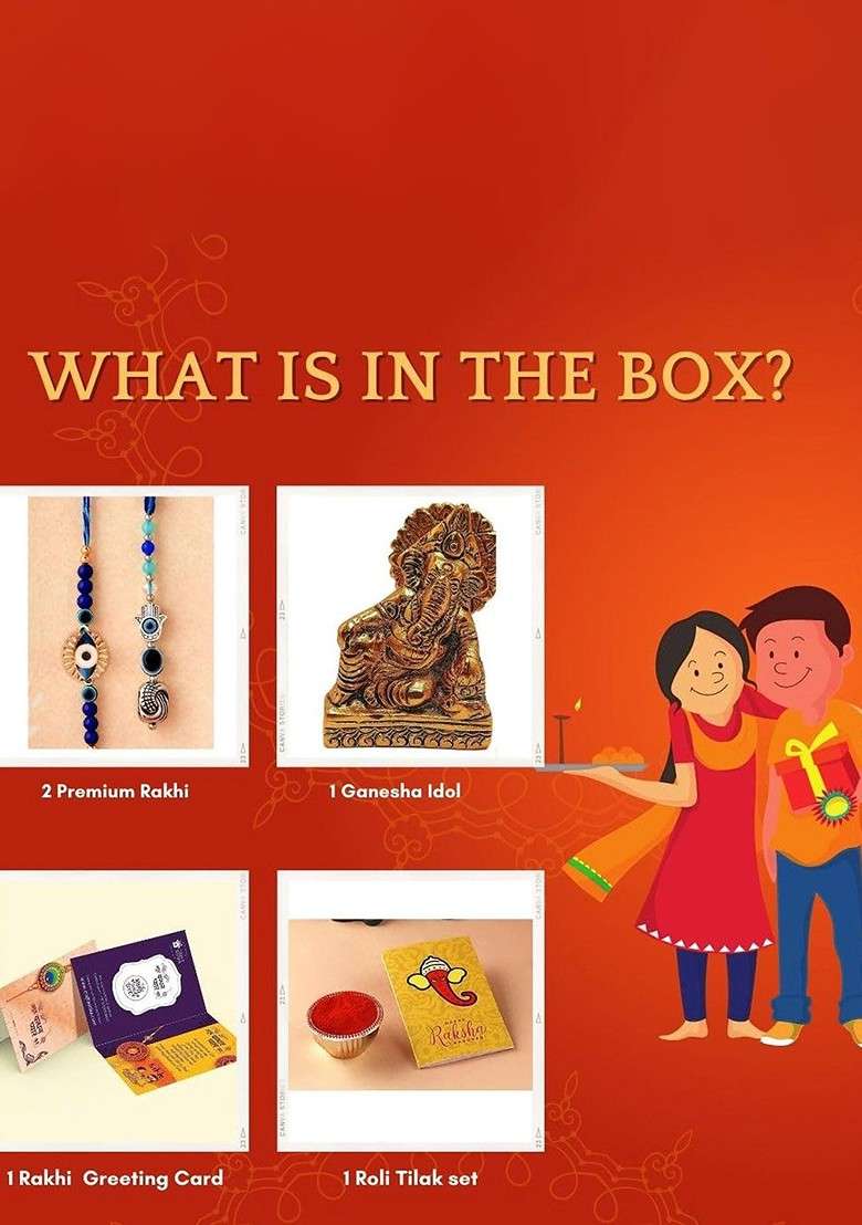 5 Pcs Lord Ganesg Showpiece With Greeting Card And Roli Chawal Rakhi Gift Set - Indya