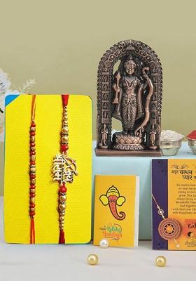 5 Pcs Ram Lalla Showpiece With Greeting Card And Roli Chawal Rakhi Gift Set