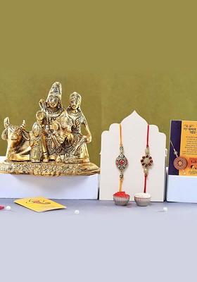 5 Pcs Shiva Parvathi And Ganesh With Greeting Card And Roli Chawal Rakhi Gift Set
