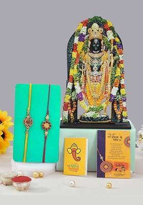 5 Pcs Ramlalla Lord With Greeting Card And Roli Chawal Rakhi Gift Set