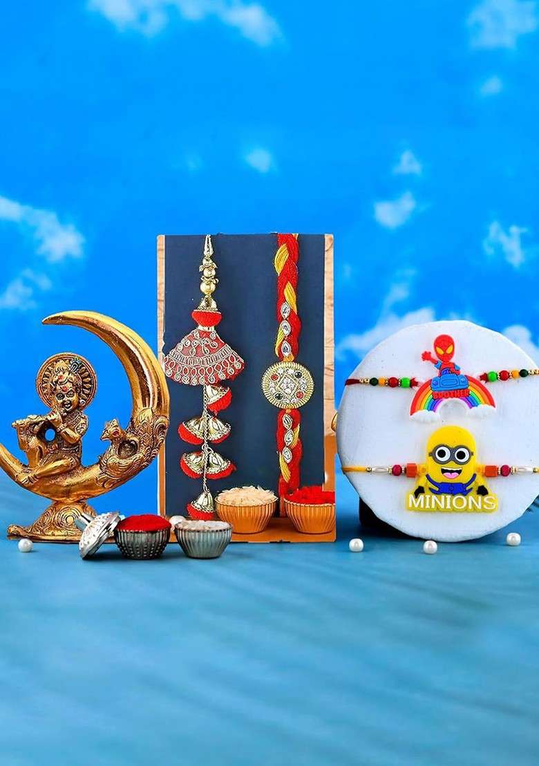 5 Pcs Krishna Showpiece With Greeting Card And Roli Chawal Rakhi Gift Set - Indya