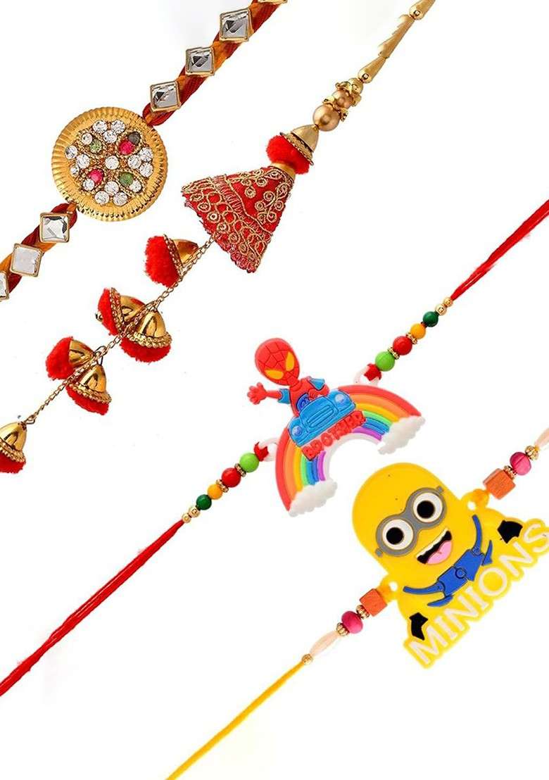 5 Pcs Krishna Showpiece With Greeting Card And Roli Chawal Rakhi Gift Set - Indya