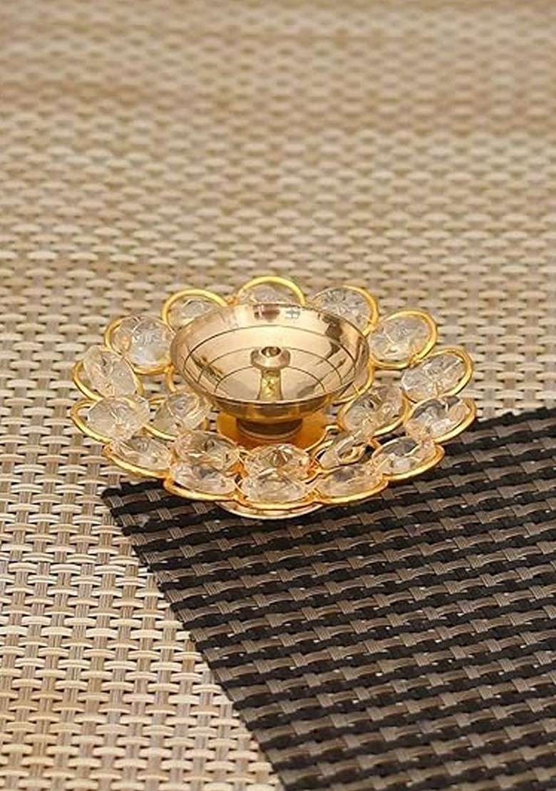 5 Pcs Crystal Diya With Greeting Card And Roli Chawal Rakhi Gift Set - Indya