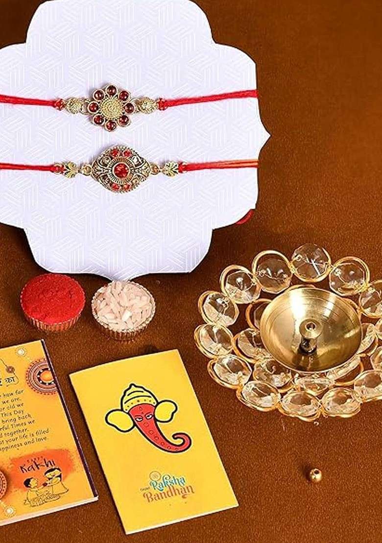 5 Pcs Crystal Diya With Greeting Card And Roli Chawal Rakhi Gift Set - Indya
